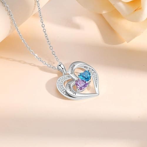Sterling Silver Personalized 2 Names Necklace with 2 Heart Simulated Birthstone Couple Pendant Necklace for Women thumbnail 5