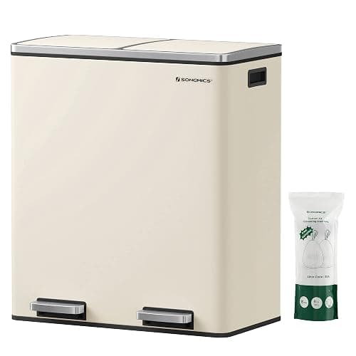 SONGMICS Trash Can, 2 x 8 Gallon (2 x 30 L) Garbage Can for Kitchen, with 15 Trash Bags, 2 Compartments, Plastic Inner Buckets and Hinged Lids, Airtight, Almond Color ULTB201A01 - Almond Color - 2 x 8 Gallon - Image 1