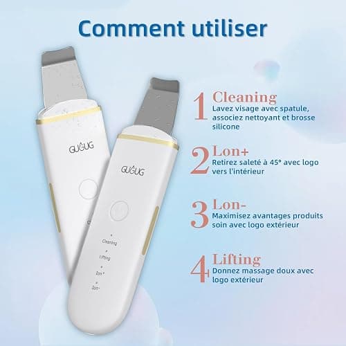 GUGUG Épurateur Ultrasonique Visage,Spatule et Nettoyeur de Pores,4 Modes | Aide à éliminer les points noirs et l'excès de sébum;spatule en acier inoxydable,exfoliation douce et 2 embouts silicone. thumbnail 5