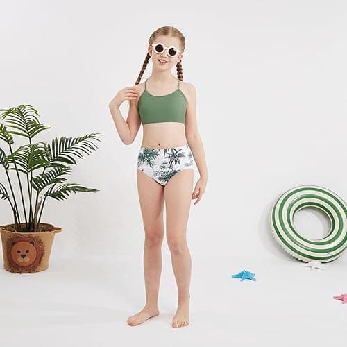 Weixinbuy Girls Swimsuits Bikini Set Kids Bathing Suit Bikini Top Bottom 2Pcs Teen Girls' Swimwear Set - Green - 9-10 Years thumbnail 4