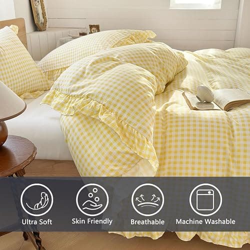NSNLGSGC Yellow Gingham Ruffle Duvet Cover Twin Size, 2 Pieces Soft Pre-Washed Microfiber Checked Plaid Comforter Cover Set, Vintage Farmhouse Bedding Set(Yellow Gingham, Twin 68"x90") thumbnail 2