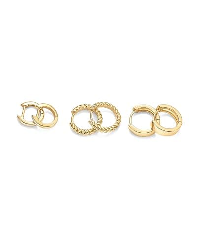 PAVOI 14K-18K Yellow Gold Plated 925 Sterling Silver Posts Hypoallergenic Three Pairs Small Hoop Earrings for Women - Statement Gold Hoop Earrings Set - Cubic Zirconia Rope Teardrop Chunky Huggie Earscape Piercings thumbnail 3
