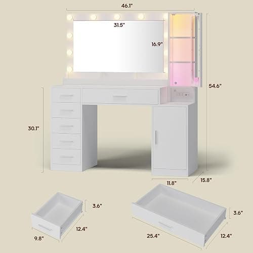 BTHFST Makeup Vanity Desk with Large 31.5" Mirror and Lights, 46.1" Vanity with RGB Lights & Charging Station, Vanity Table with 6 Drawers & Cabinet & Shelves, White thumbnail 2