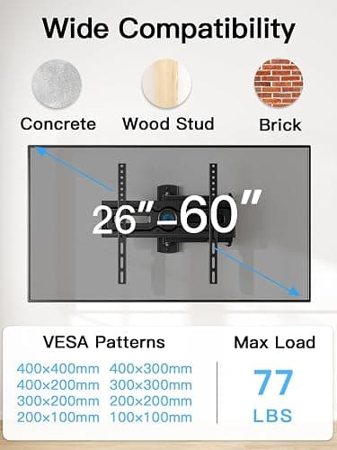 Pipishell Full Motion TV Wall Mount for Most 26-60 inch Flat & Curved TVs up to 77 lbs, Adjustable Bracket Height, Corner TV Mount with Single Articulating Arm, Max VESA 400x400mm, PIMF9 thumbnail 2
