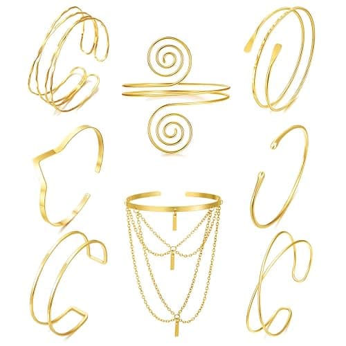 BROCC 8Pcs Gold Arm Cuff Jewelry for Women Upper Arm Cuff Bracelet Adjustable Open Armband Cuff Bracelet Set - Image 1