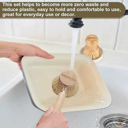 Wooden Dish Brush Set Clean Pots, Pans and Vegetable, Natural Bristles Bamboo Scrub Brushes with Ceramic Dish - 1 Long Handle Dish Brush + 2 Palm Scrubbing Brush thumbnail 5