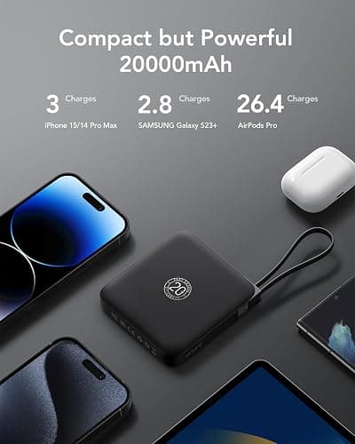 VRURC Power Bank 20000mAh, Power bank con Cavi Integrati, 22.5W Batteria USB C a Carica Rapida, Display LED per iPhone 15 14 iPad Samsung Galaxy S23 Google Android Phone - Nero thumbnail 6
