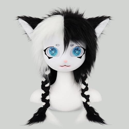 hbbhml Animal Cat Head Mask Fursuit Cute Plush Anime Masks for Halloween Masquerade Cosplay Costume Accessory thumbnail 8