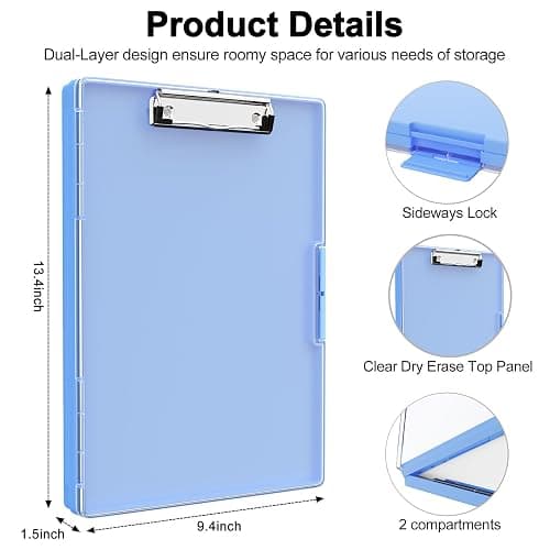 Piasoenc Clipboard with Storage, 8.5 x 11 Clip Boards with 2 Storage Case and A4 Paper Folder, Clear Dry Erase Top Panel, Heavy Duty Plastic, Folio & Side Opening, for Nurses, Teacher, Lawers, Blue thumbnail 3