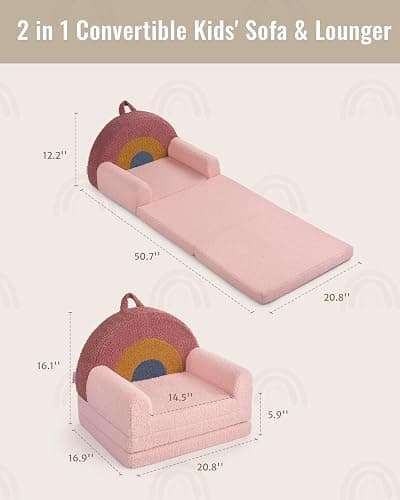 Blissful Diary Foldable Toddler Couch, 2-in-1 Comfy Toddler Chair & Lounger for Reading, Playroom, Kids Couch Sofa for Girls Boys Birthday Gift, Blush Rainbow thumbnail 4