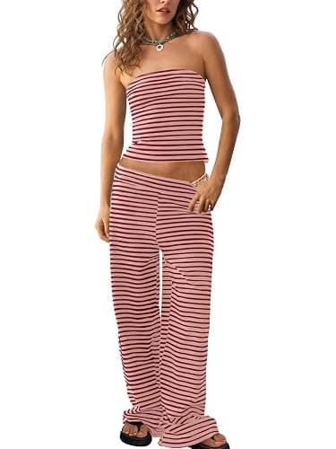 Tankaneo Womens Striped 2 Piece Sets Summer Strapless Crop Tube Tops Wide Leg Pants Matching Lounge Set Vacation Outfits - Image 1