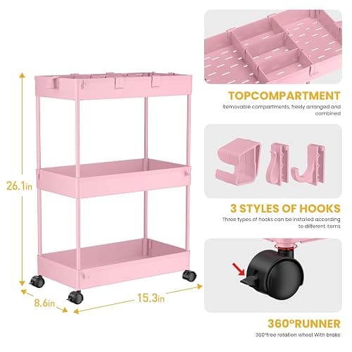 SPACELEAD 3 Tier Rolling Cart with Wheels, Storage Craft Art Trolley Organizer Serving, 3 Hanging Baskets Easy Assembly, for Office, Living Room, Kitchen, Pink thumbnail 2