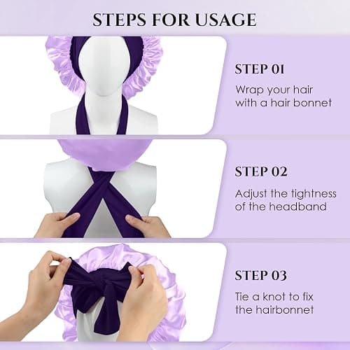 Reversible Satin Bonnet for Sleeping Women, Double Layer Soft Ajustable Elasticity Band Satin Bonnet for Sleeping Hair Silk Sleep Cap Reduce Frizz (Purple+Purple) thumbnail 3