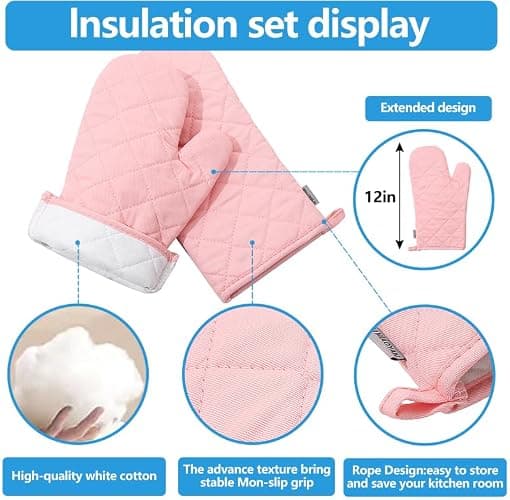 Oven Mitts and Pot Holders 4 pcs Set,High Heat Resistant 500 Degree Extra Thicken Long Kitchen Cotton Oven Glove for Cooking (12 Inch,Pink)… thumbnail 4