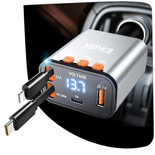 Bluetooth Car Adapter with Retractable Charger,[Upgrade] Bluetooth 5.4 FM Transmitter for Cars, 4 in 1 Fast Car Charger 69W, Handsfree Call, 2*Retractable Cable for iPhone 17/16/15/14, Galaxy-Silver - Image 1
