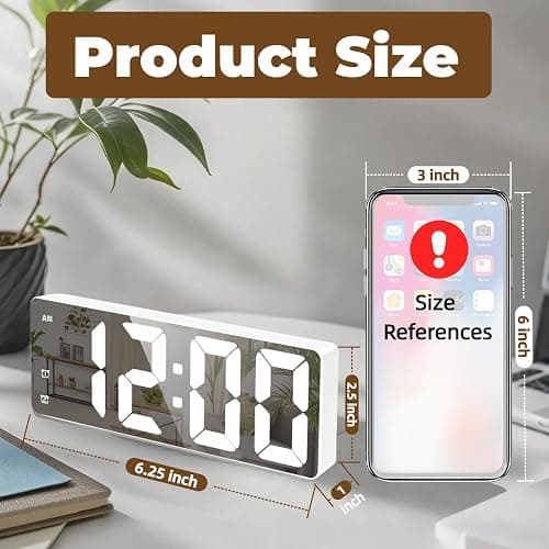 Königswerk Small Digital Alarm Clock, Mirror Surface LED Electronic Clocks with Large Display, Adjustable Brightness and Snooze Model for Bedroom, Desk, Office, White Digit thumbnail 2