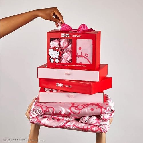 Kitsch Hello Kitty Satin Pillowcase, Softer Than Silk for Hair & Skin, Machine Washable, Wrinkle-Free, Standard Size, and Satin Scrunchies No Damage Hair Ties Pink Kitty Faces, 2 Piece Set - Pink Kitty Faces thumbnail 8
