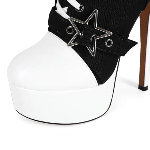 Feinlina Wome's Canvas Lace Up Knee High Platform Stiletto Heel Boots | fashion round toe,stripper platform heels,club party booties,balck thigh high boots thumbnail 5
