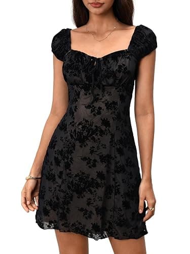 SweatyRocks Women's Floral Mesh Gothic Dresses A Line Cap Sleeve Sweetheart Neck Mini Dress - Image 1