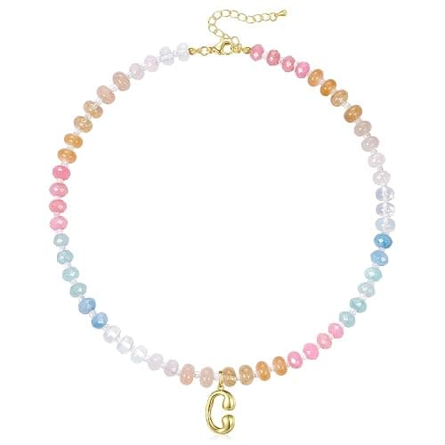 KissYan Initial Necklaces for Women, Colorful Beaded Gemstone Choker 14K Gold Bubble Letter Pendant Necklace Natural Stone Summer Beach Handmade Jewelry Gift - Image 1