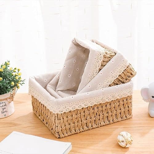 Wicker Bathroom Storage Baskets, Set of 3 Decorative Boxes and Organizers, Multi-Purpose Storage Basket thumbnail 4