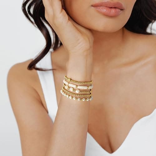 jollone Gold Bracelets for Women Gold Bracelet Stack Pearl Beaded Bracelets for Women 14K Gold Plated Stretch Bead Ball Bracelet Sets Jewelry for Mother's Day Birthday Gifts thumbnail 3