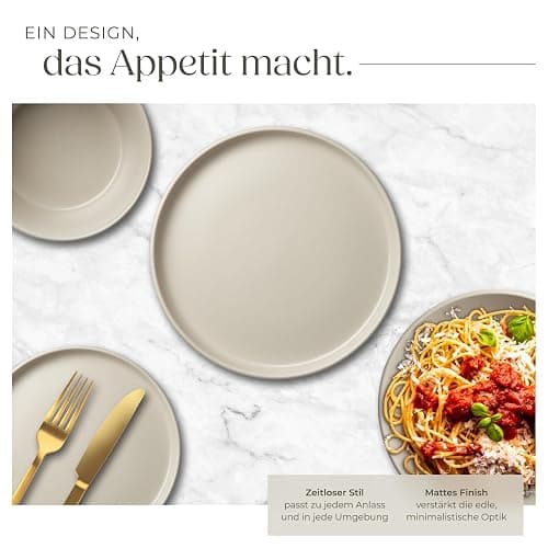 tectake® 24-tlg. Geschirrset, Tafelservice 6 Personen, Steingut Geschirr Set, Teller Set mit Schalen, Speiseteller, Frühstücksteller, tiefe Teller und Schüsseln - taupe thumbnail 4