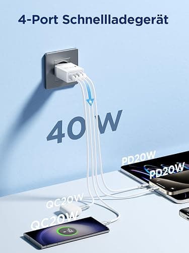 Aioneus USB C Ladegerät, 4 Ports Mehrfach Ladegerät mit USB-C und USB-A, 40W Schnellladegerät PD 3.0 Power Adapter USBNetzteil für iPhone 16 15 14 Pro Max 13 12 11 SE 2020 XS XR 8 7, Samsung, Handys thumbnail 2