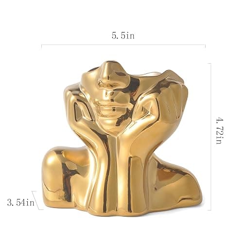 Gold Ceramic Human Face Decorative Vase - Shy Posture Modern Art Desktop Display for Bookshelf, Living Room, Office, Bedroom thumbnail 3