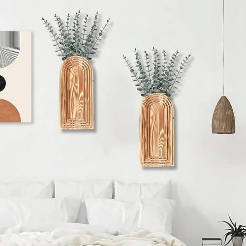 Dnnnii 2 Pack Wooden Wall Vase Set - Brown Finish Modern Farmhouse & Boho Wall Decor for Entryway, Hallway, Bathroom, Living Room, Dining Room, Narrow Spaces thumbnail 6