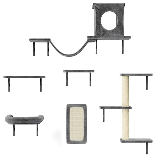 NUNU LAB Cat Wall Shelves, 6 Pcs Luxury Wall-Mounted Cat Climber Set, Indoor Cat Furniture with 1 Condos House, 2 Cat Wall Shelves, 1 Scratching, 1 Bridge Ladder, 1 Scratching Pad, Dark Gray - Image 1
