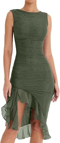 Women's Midi Bodycon Dress Summer Sleeveless Ruffle Mermaid Dress Cocktail Party Tank Dresses for Wedding Guest - Image 1