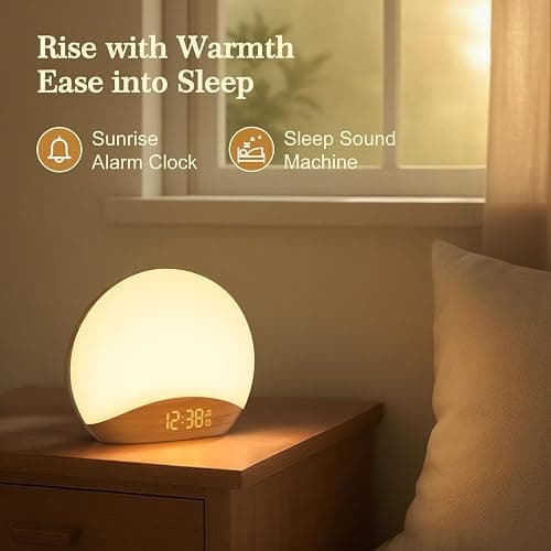 REACHER Wood Grain Sunrise Alarm Clock and Sound Machine Nightlight, Digital Dimmable Clock for Bedroom, 26 Sleep Sounds, White Noise Machine for Baby, Adults, Wake Up Light Alarm Clock for Kids thumbnail 3