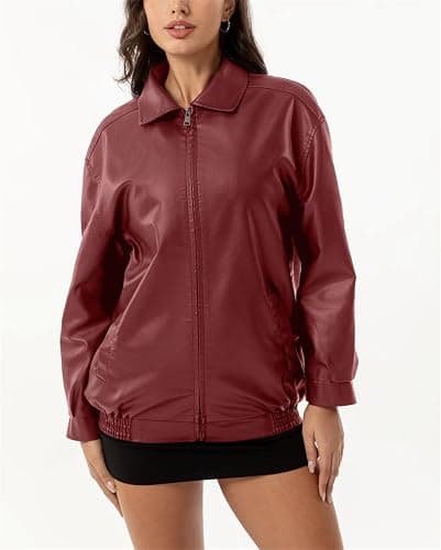 hathne Women's Oversized Leather Jackets Faux Zip Up Fall Fashion Motorcycle Jackets Coats Winter Clothes thumbnail 3