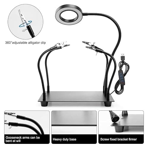 Helping Hands Soldering Station with 5X Magnifying Glass with light, 4 Flexible Helping Hand Arms Magnifier and Third Hand Soldering Tool for Electronic Repair Soldering Jewelry Crafts thumbnail 4