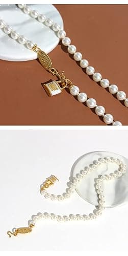 Gold Saturn Necklace for Women - Enamel Padlock Pendant with Pearl Chain, Punk Style thumbnail 5
