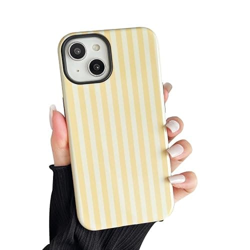CHEDEMK Compatible with iPhone 13/14 Case, Cute Fashion Aesthetic Striped Pattern Cover for Women, Shockproof Soft TPU and Hard PC Protective Phone Case for iPhone 13/14 6.1"- Yellow - Image 1