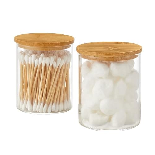 INIUNIK Glass Qtip Holder Dispenser with Bamboo Lid - 2 Pack Apothecary Jars - Cotton Balls Pads Swabs Holder Jar - Bathroom Vanity Canisters Jars for Countertop Storage and Organization - Image 1