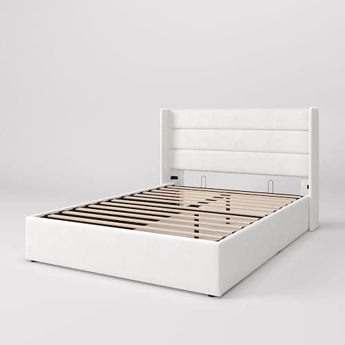 SHA CERLIN Full Size Lift Up Storage Bed/Velvet Upholstered/Modern Wingback Headboard/Upholstered Platform Bed Frame/Hydraulic Storage/No Box Spring Needed/White thumbnail 9