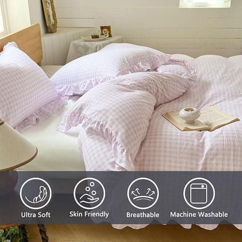 NSNLGSGC Pink Gingham Ruffle Duvet Cover Queen Size, 3 Pieces Soft Pre-Washed Microfiber Checked Plaid Comforter Cover Set, Vintage Farmhouse Bedding Set(Pink Gingham, Queen 90"x90") thumbnail 2