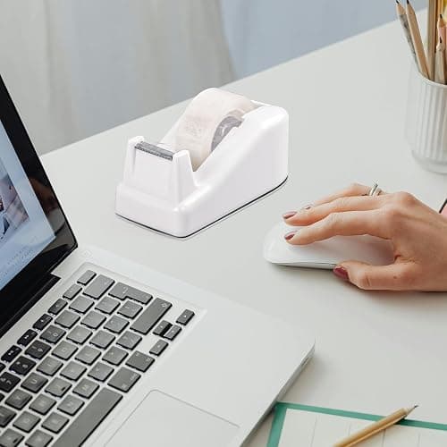 Desktop Tape Dispenser White with Weighted Nonskid Base - Includes 6 Rolls of Transparent Tape (0.71 Inch x 1000 inches Each) thumbnail 2
