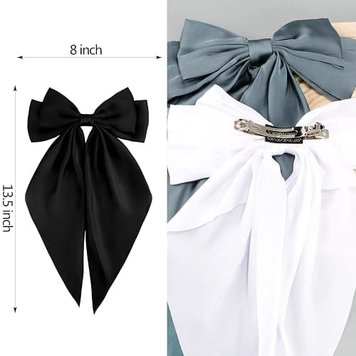 Velscrun 3Pcs Hair Accessories for Women - Black, White, and Navy Blue Oversized Satin Bows with Long Tails and Clips for Girls - Hair Barrettes Gift Set thumbnail 6