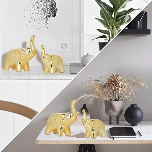 prosfalt A Pair Elephant Statue Home Decor,Modern Style Figurines,Sculpture for Office Desktop Bookshelf Living Room (Ceramics Gold) thumbnail 2