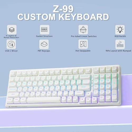 HUO JI E-Yooso Creamy Mechanical Keyboard Wired, Hot Swappable, Pre-lubed Linear Switches, Gasket Structure with Sound Dampening Foam, RGB Backlit, 99 Keys Custom Gaming Keyboard for PC/Mac,White thumbnail 2
