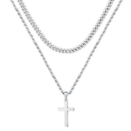 Ursteel Layered Cross Necklaces for Men - 18K Gold Plated Cross Necklaces Chain for Men Boys Gifts, Silver Rope Chain Layered Necklace Jewelry 16 18 20 22 24 Inch, First Communion Gifts for Boys - Image 1