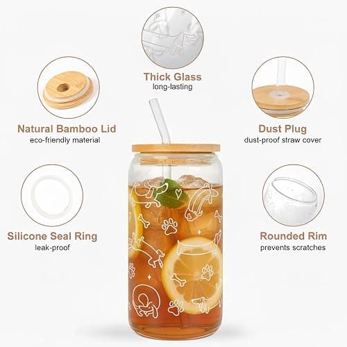 KMCCUMBER Dachshund Gift Glass Cup with Lid & Straw for Dog Lovers | Funny Weiner Dog Coffee Cup Tumbler for Dog Owner Friend Mom Wife Pet Mommy Teen Girls Thanksgiving Christmas Gift 16oz thumbnail 4