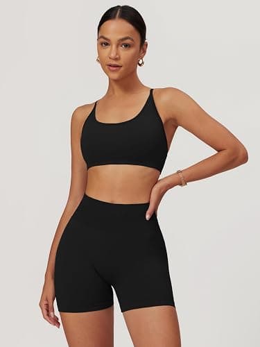 ABOCIW 2 Piece Seamless Workout Sets for Women Scoop Neck Strappy Sports Bra Scrunch Butt Lifting Gym Impact Shorts thumbnail 2