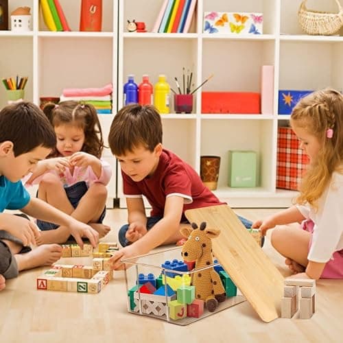 Hudgan 4 Pack Clear Plastic Storage Bins with Bamboo Lids, Stackable Storage Containers for Organizing Medicine Cabinet Organizer, Craft Room, Bread Box thumbnail 2