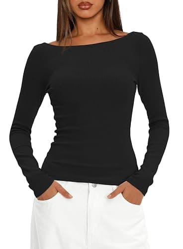 Darong Womens Long Sleeve Boat Neck Top Sexy Backless Slim Fit Basic Tee T-Shirt Ribbed Knit Going Out Tops thumbnail 5