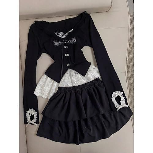 Xojbzoo Y2K retro skirt set black fake two-piece inner top and lace skirt fashionable casual set thumbnail 5